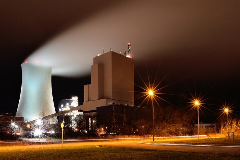 A power station makes electricity for many homes.