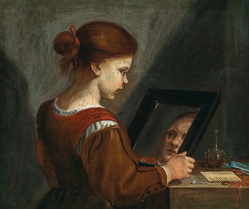 A mirror reflects light from your face back to your eyes.