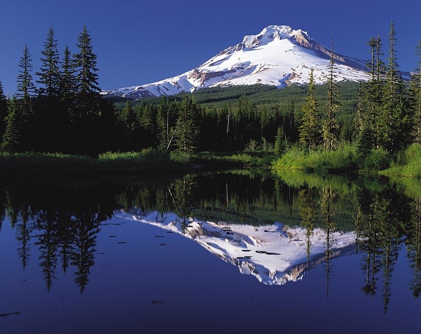 Mountains and trees reflected in a still lake.