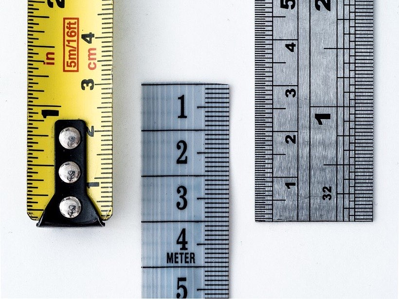 Rulers and tapes show parts of a metre: centimetres and millimetres.